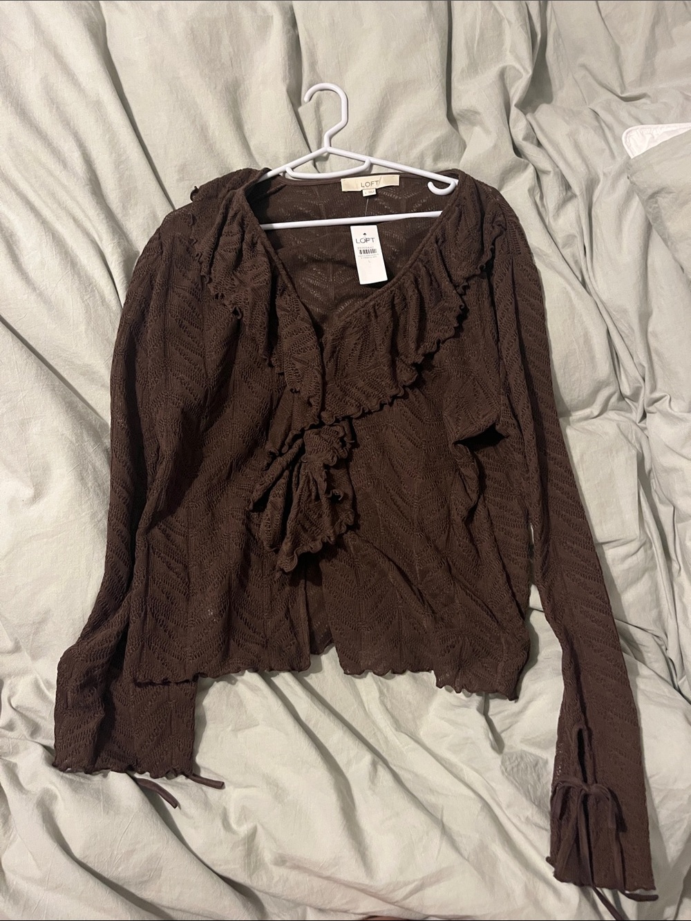 LOFT Dark Brown Ruffle Tie-Front Long Sleeve Top